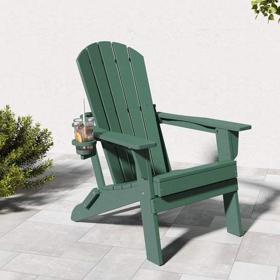 FOOWIN HDPE Folding Adirondack Chair, Fire Pit Chairs with Cup Holder, Green
