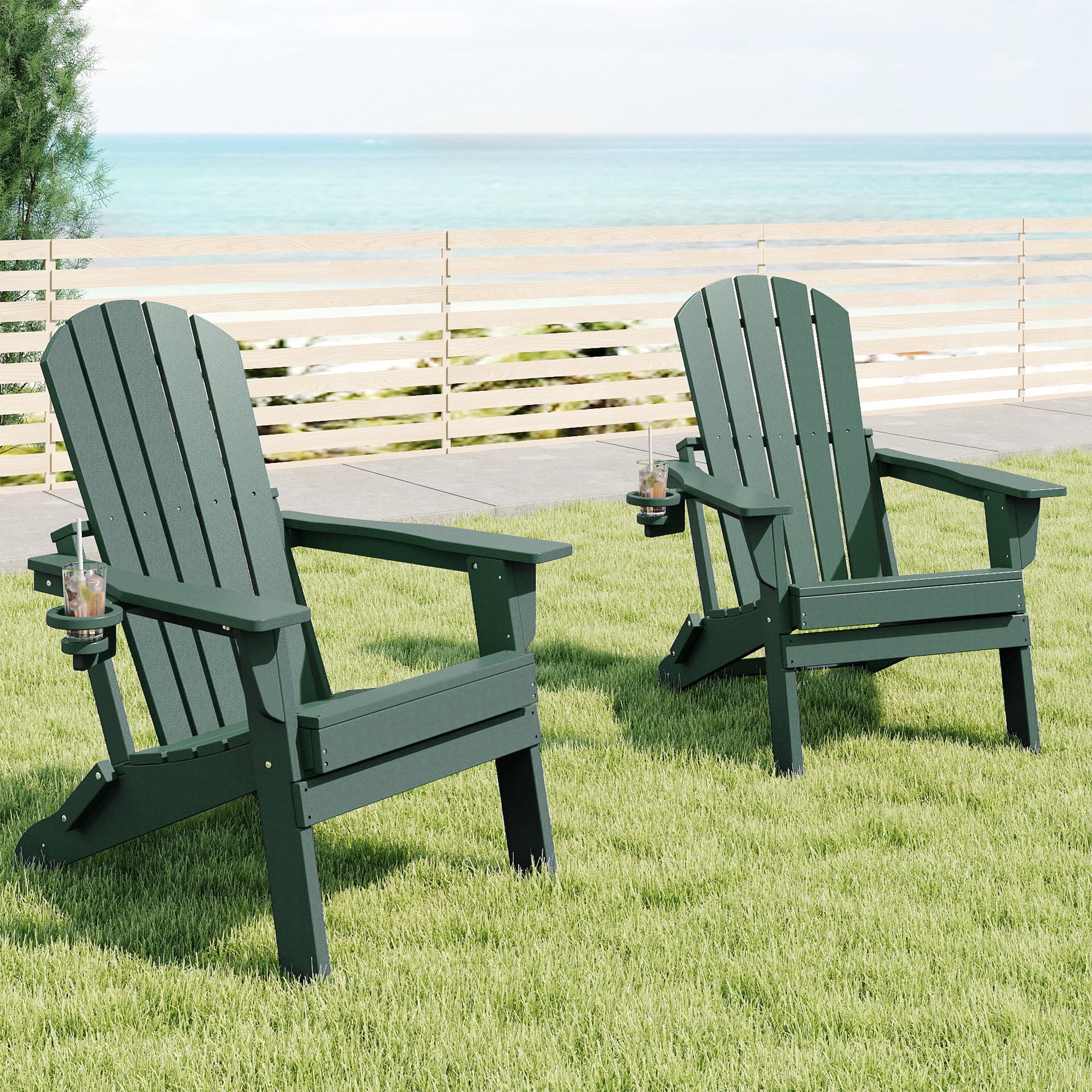 FOOWIN HDPE Folding Adirondack Chair with Cup Holder, Fire Pit Chairs Set of 2, Green