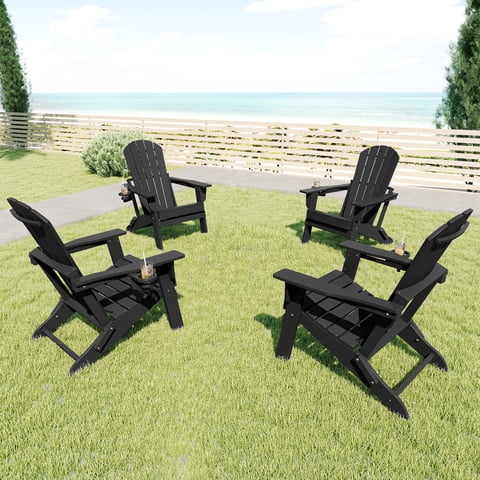 FOOWIN HDPE Folding Adirondack Chair with Cup Holder, Fire Pit Chairs Set of 4, Black
