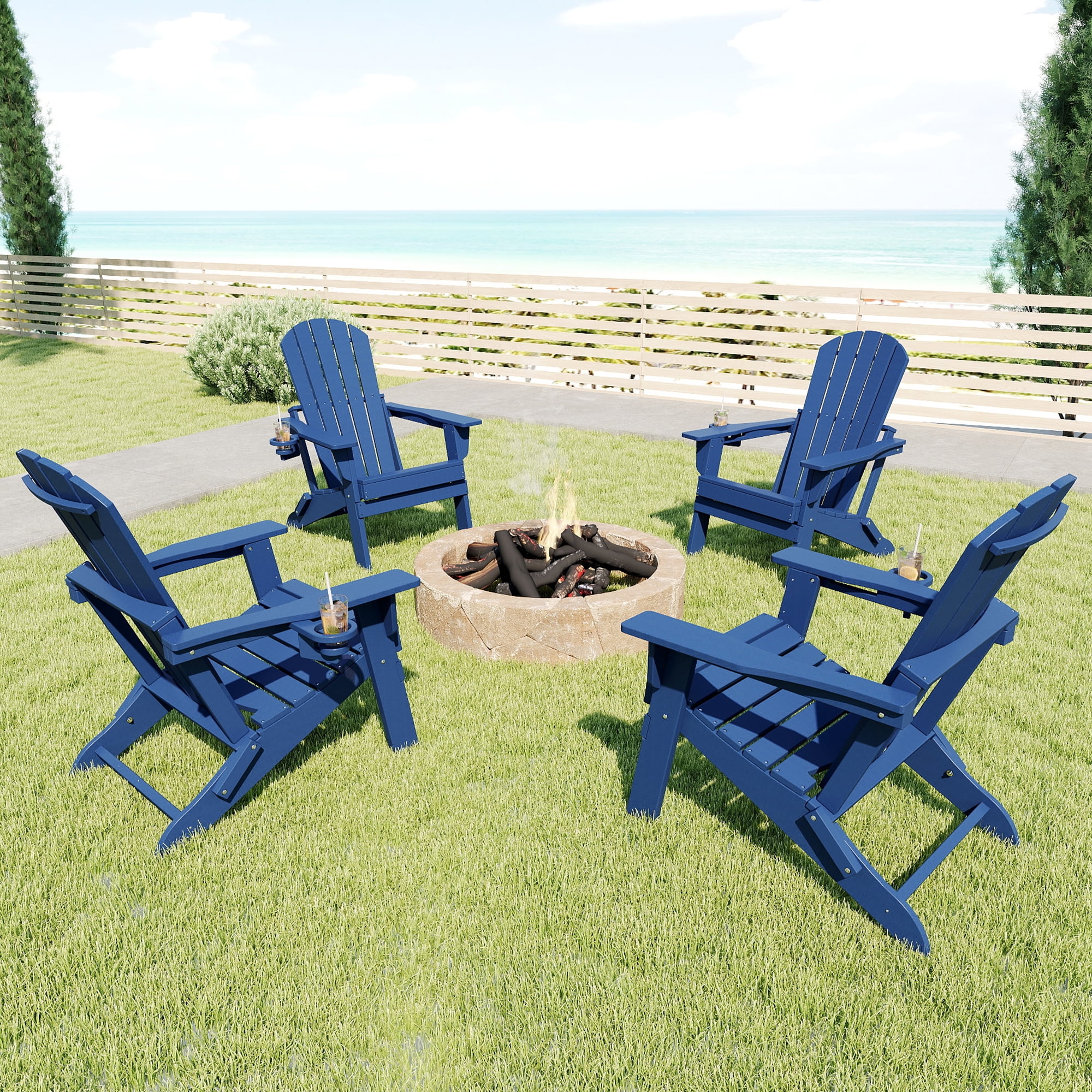 FOOWIN HDPE Folding Adirondack Chair with Cup Holder, Fire Pit