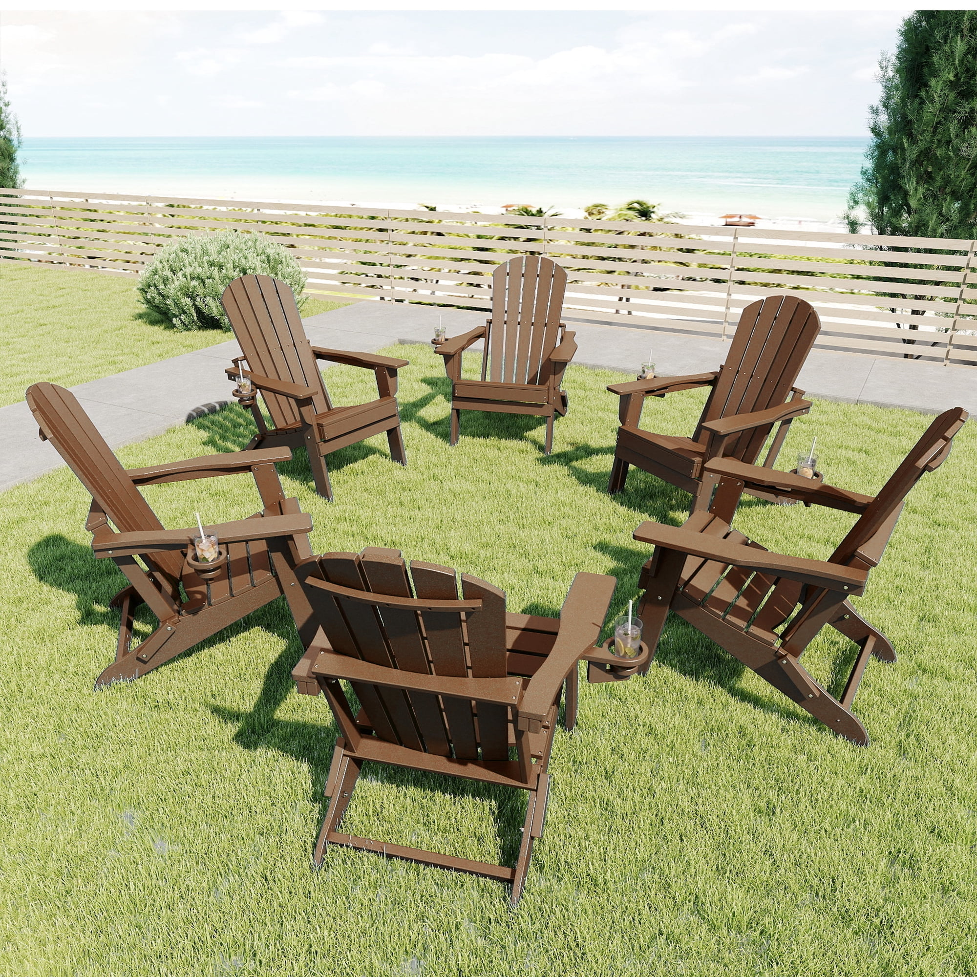 FOOWIN HDPE Folding Adirondack Chair with Cup Holder, Fire Pit Chairs Set of 6, Brown