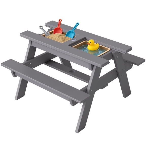 FOOWIN HDPE Kids Picnic Table, 3 in 1 Outdoor Convertible Sand & Water Table with Removable Tabletop, Kids Outdoor Table for Backyard Patio Play, Gray