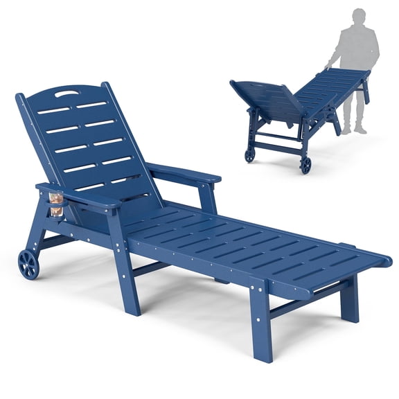 FOOWIN HDPE Patio Chaise Lounge Chair, Pool Lounge Chair with 5-Position Adjustable Backrest, Wheels & Cup Holder, Navy Blue
