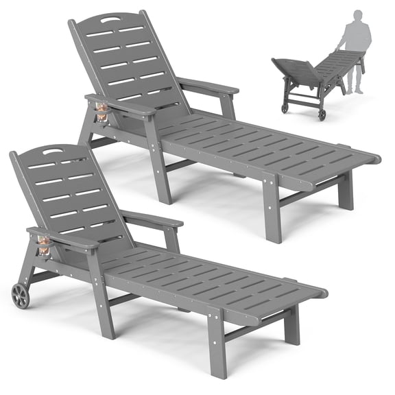 FOOWIN HDPE Patio Chaise Lounge Chairs Set of 2, Pool Lounge Chairs with 5-Position Adjustable Backrest, Wheels & Cup Holder, Grey