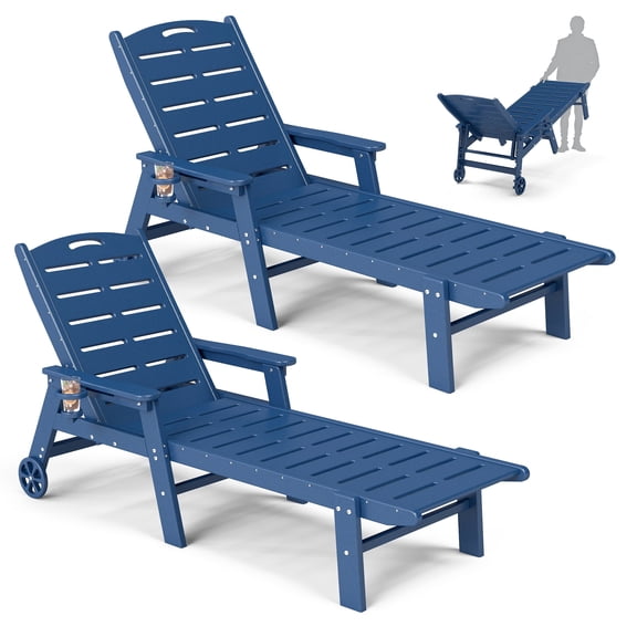 FOOWIN HDPE Patio Chaise Lounge Chairs Set of 2, Pool Lounge Chairs with 5-Position Adjustable Backrest, Wheels & Cup Holder, Navy Blue