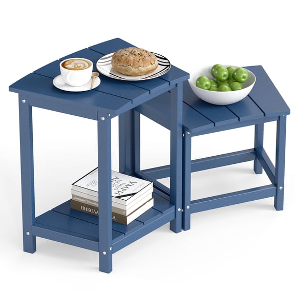 FOOWIN HDPE Outdoor Side Table, 2 Tier All Weather Patio End Table with Storage Shelf for Indoor & Outdoor Use, Blue