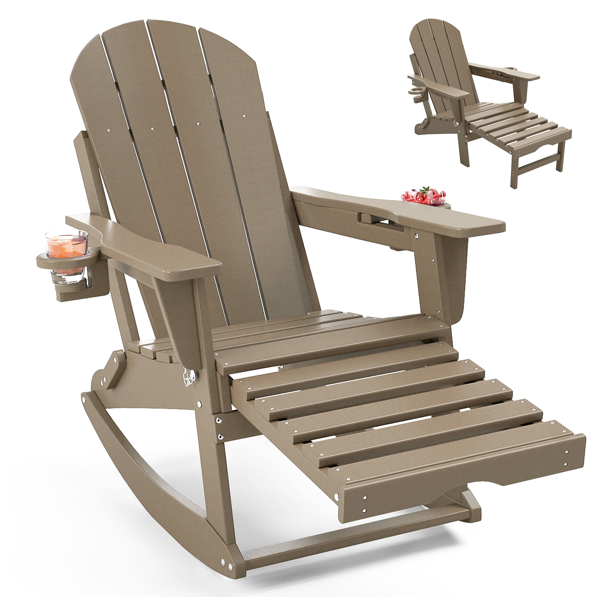 FOOWIN HDPE Plastic Rocking Adirondack Chair, Folding Rocking Chairs for Patio Porch Rocker Chair, Brown