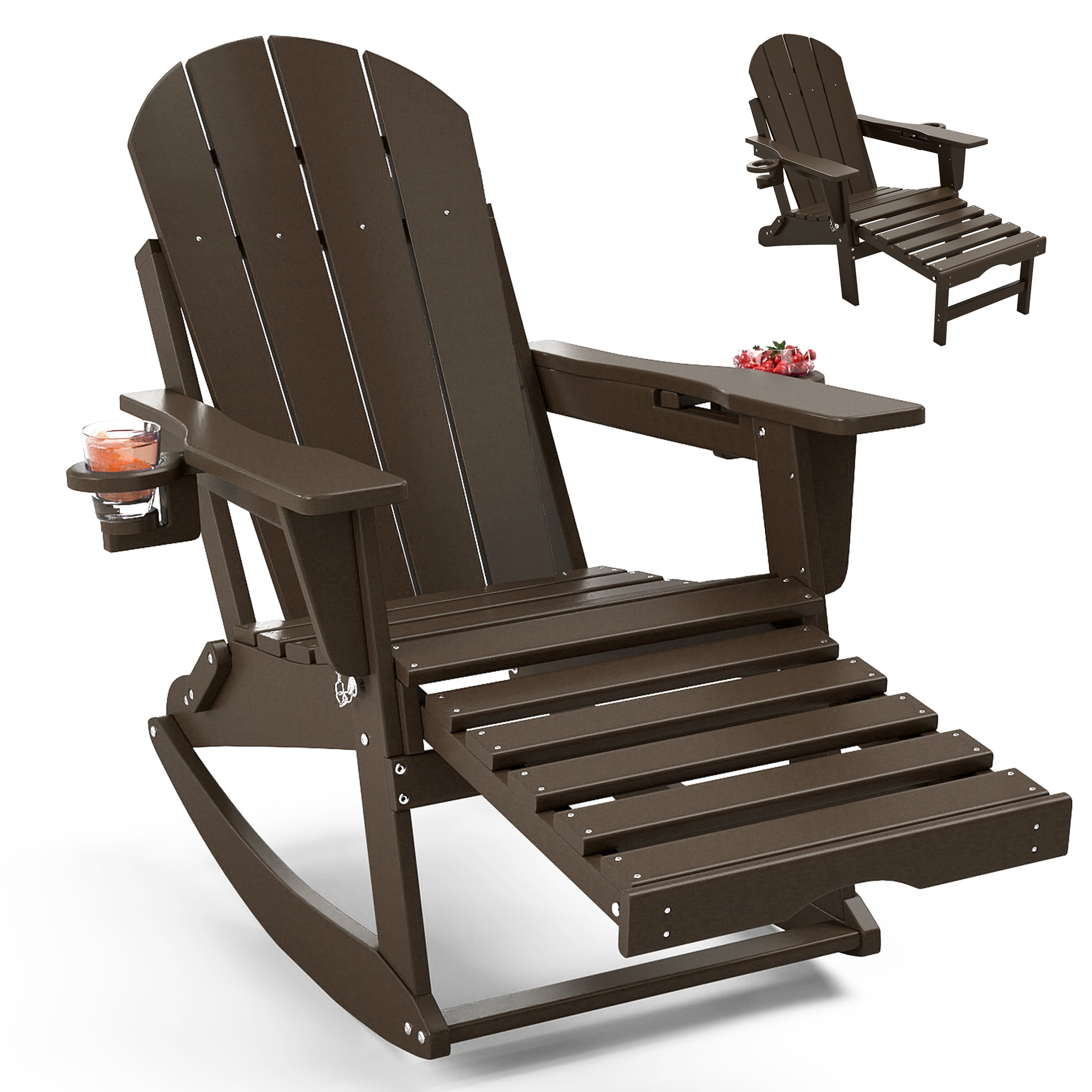 FOOWIN HDPE Plastic Rocking Adirondack Chair, Folding Rocking Chairs for Patio Porch Rocker Chair, Coffee