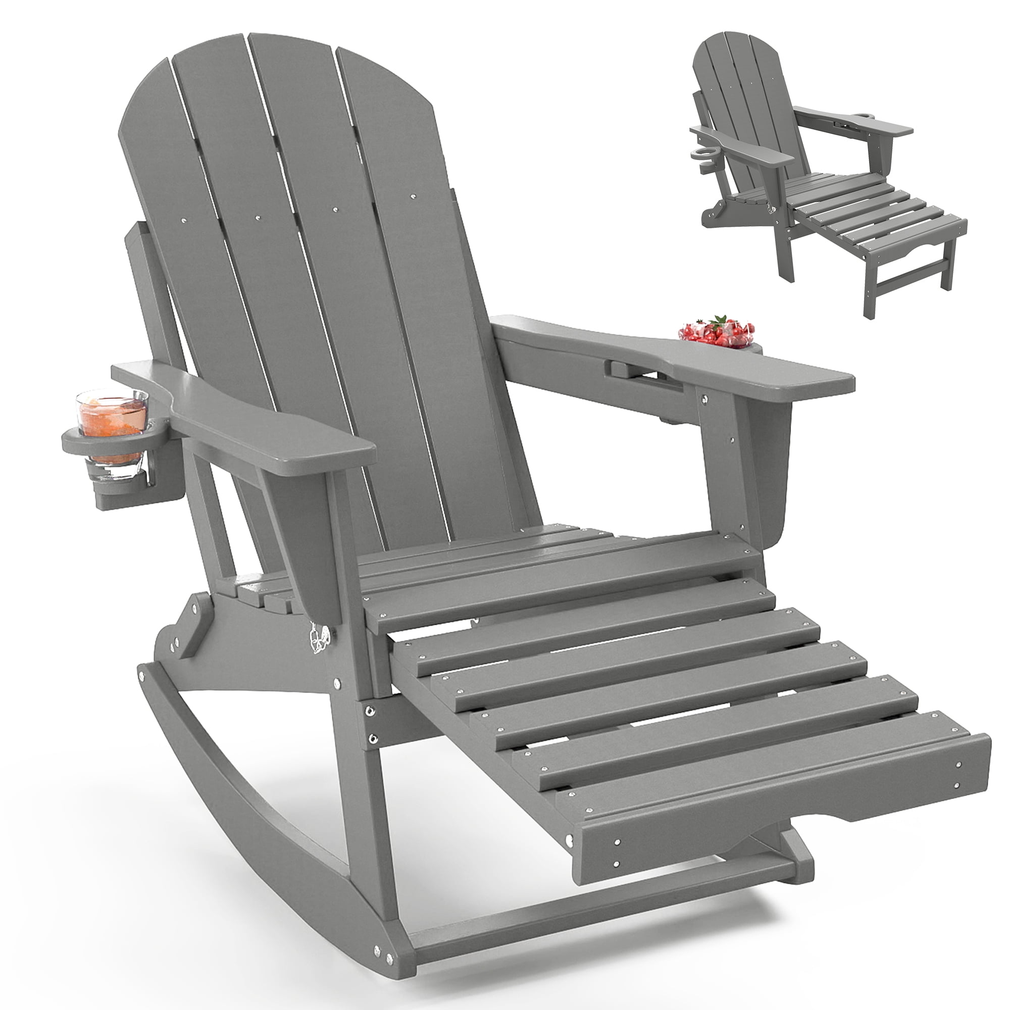 FOOWIN HDPE Plastic Rocking Adirondack Chair, Folding Rocking Chairs for Patio Porch Rocker Chair, Light Gray
