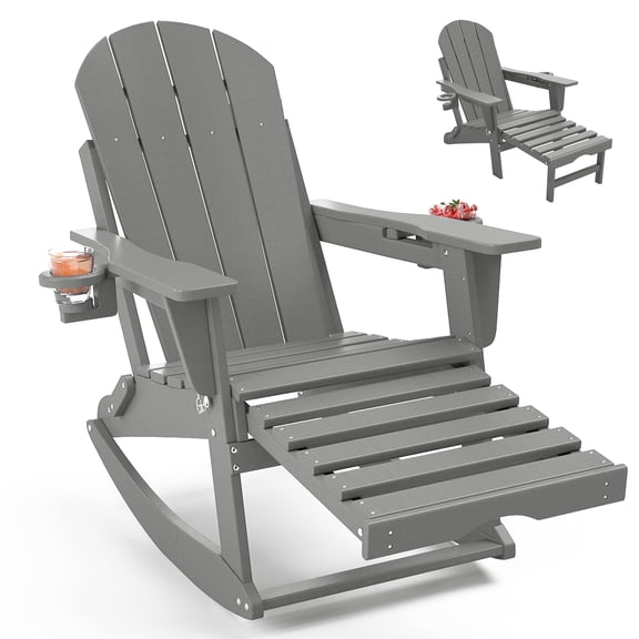 FOOWIN HDPE Plastic Rocking Adirondack Chair, Folding Rocking Chairs for Patio Porch Rocker Chair, Light Gray