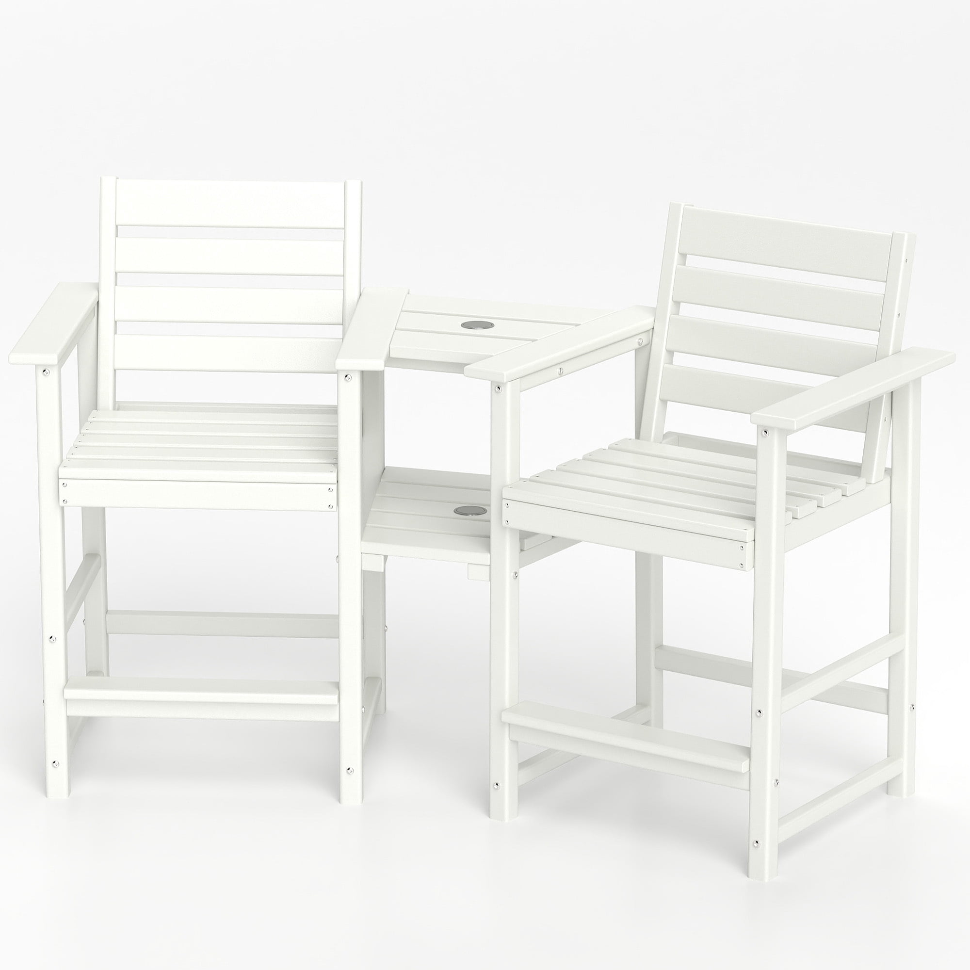 FOOWIN HDPE Plastic Tall Adirondack Chair Set of 2 W/ Outdoor Barstools and Connecting Tray, White
