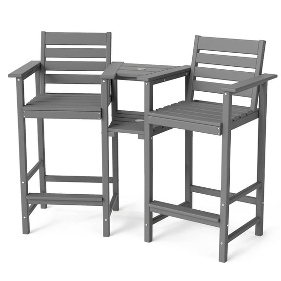 FOOWIN HDPE Plastic Tall Adirondack Chair Set of 2 W/ Outdoor Barstools and Connecting Tray, Gray
