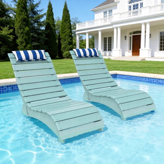 FOOWIN HDPE Pool Lounge Chairs Set of 2, Adjustable Backrest Outdoor Pool Chairs with Headrest, All-Weather Poolside Reclining Chairs for Patio, Deck & Backyard, Aruba Blue