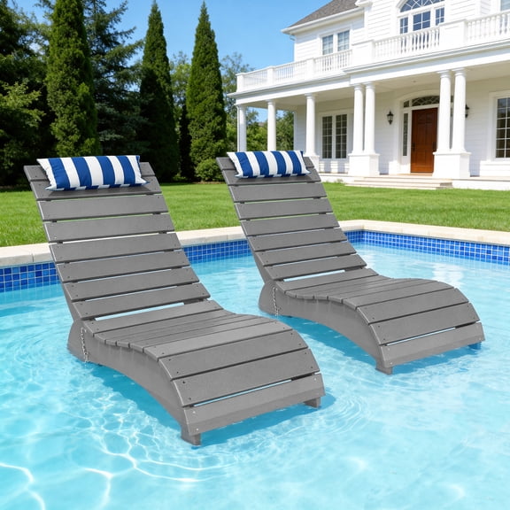 FOOWIN HDPE Pool Lounge Chairs Set of 2, Adjustable Backrest Outdoor Pool Chairs with Headrest, All-Weather Poolside Reclining Chairs for Patio, Deck & Backyard, Grey
