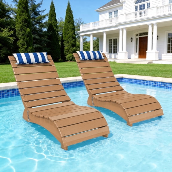FOOWIN HDPE Pool Lounge Chairs Set of 2, Adjustable Backrest Outdoor Pool Chairs with Headrest, All-Weather Poolside Reclining Chairs, Teak