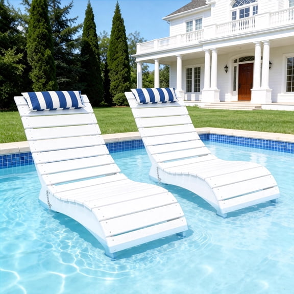 FOOWIN HDPE Pool Lounge Chairs Set of 2, Adjustable Backrest Outdoor Pool Chairs with Headrest, All-Weather Poolside Reclining Chairs, White