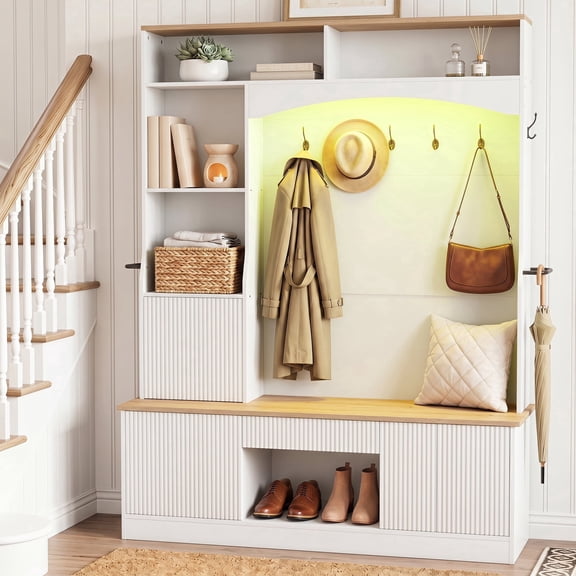 FOOWIN 75" Hall Tree with Bench and Shoe Storage, Farmhouse Hall Tree with Storage and LED Lights, Entryway Coat Rack with Hooks, Storage Cubbies, White