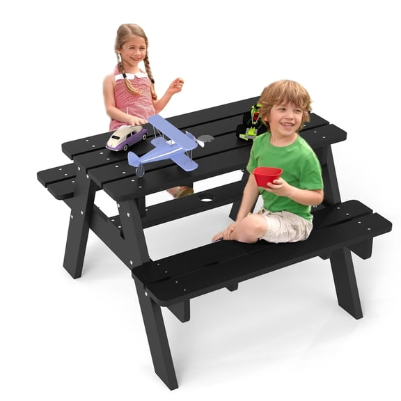 FOOWIN Kids Picnic Table, HDPE All Weather Outdoor Picnic Table and Chair Set,Black