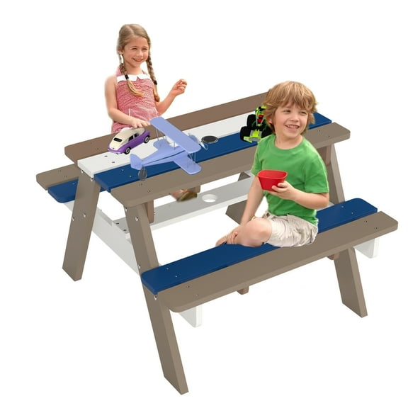 FOOWIN Kids Picnic Table, HDPE All Weather Outdoor Picnic Table and Chair Set,Colorful Brown