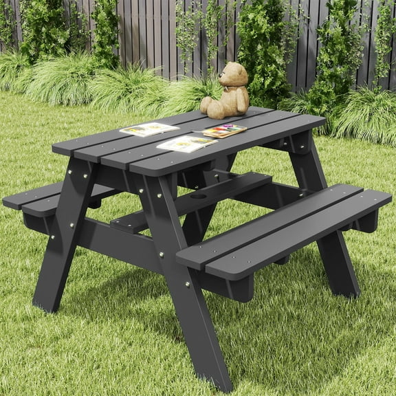 FOOWIN Kids Picnic Table, HDPE All Weather Outdoor Picnic Table and Chair Set, Grey