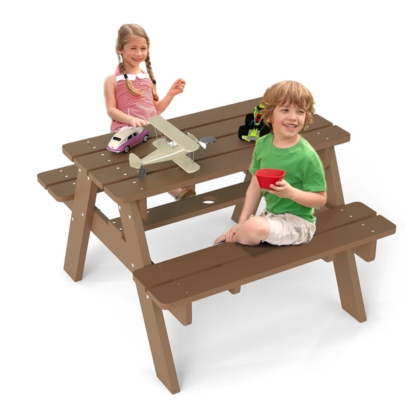 FOOWIN Kids Picnic Table, HDPE All Weather Outdoor Picnic Table and Chair Set,Teak