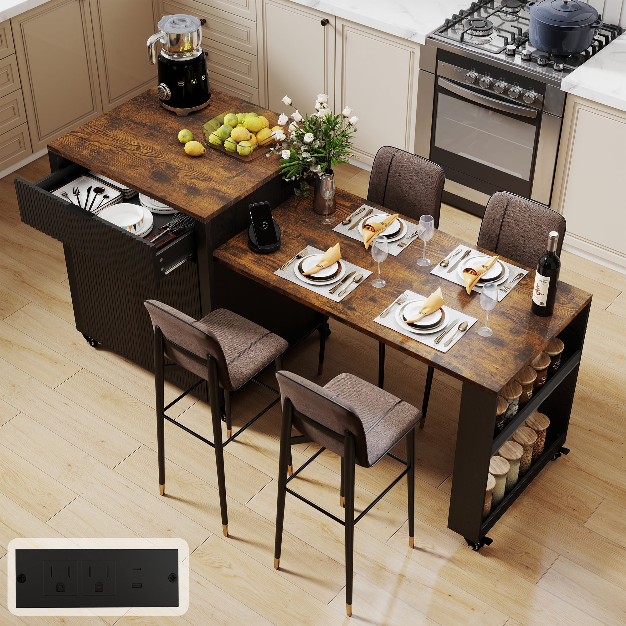 FOOWIN Kitchen Island with Extendable Dining Table, Mobile Island Table with Cabinets, Drawers, Power Outlets, Black