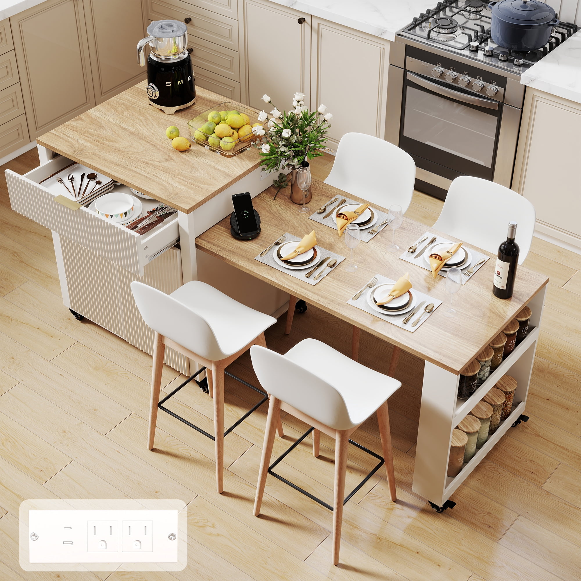 FOOWIN Kitchen Island with Extendable Dining Table, Mobile Island Table with Cabinets, Drawers, Power Outlets, White
