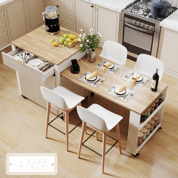 FOOWIN Kitchen Island with Extendable Dining Table, Mobile Island Table with Cabinets, Drawers, Power Outlets, White