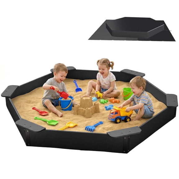 FOOWIN Large HDPE Sandbox with Cover & Liner, 78"x68"x8" Solid Sand Box for Kids Backyard Play, Outdoor Kids Sandpit, Black
