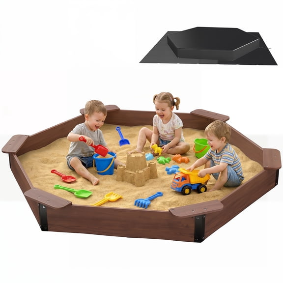 FOOWIN Large HDPE Sandbox with Cover & Liner, 78"x68"x8" Solid Sand Box for Kids Backyard Play, Outdoor Kids Sandpit, Coffee