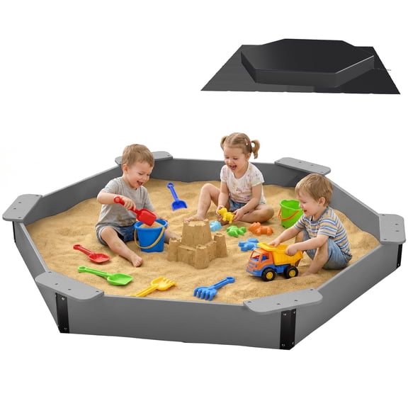FOOWIN Large HDPE Sandbox with Cover & Liner, 78"x68"x8" Solid Sand Box for Kids Backyard Play, Outdoor Kids Sandpit, Gray