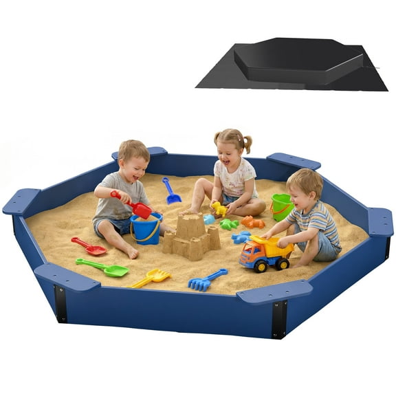 FOOWIN Large HDPE Sandbox with Cover & Liner, 78"x68"x8" Solid Sand Box for Kids Backyard Play, Outdoor Kids Sandpit, Navy Blue