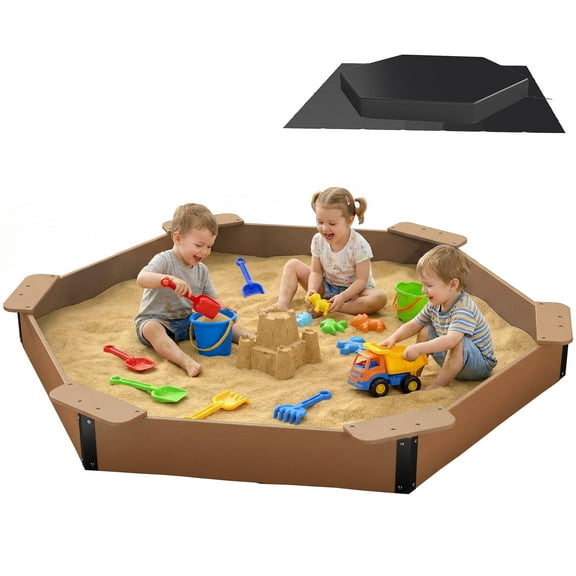 FOOWIN Large HDPE Sandbox with Cover & Liner, 78"x68"x8" Solid Sand Box for Kids Backyard Play, Outdoor Kids Sandpit, Teak