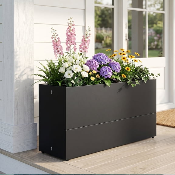 FOOWIN Metal Tall Rectangular Planter, 47L"x12W"x24H" Large Outdoor Planter Box with Drainage Holes & Removable Shelf for Plants, Flowers, Garden