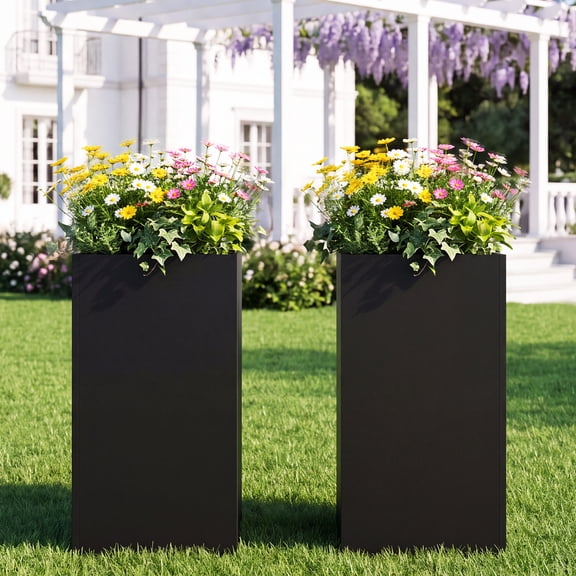 FOOWIN Metal Tall Rectangular Planter Set of 2, 24L"x12W"x12H" Large Outdoor Planter Box with Drainage Holes & Removable Shelf for Plants, Flowers, Garden