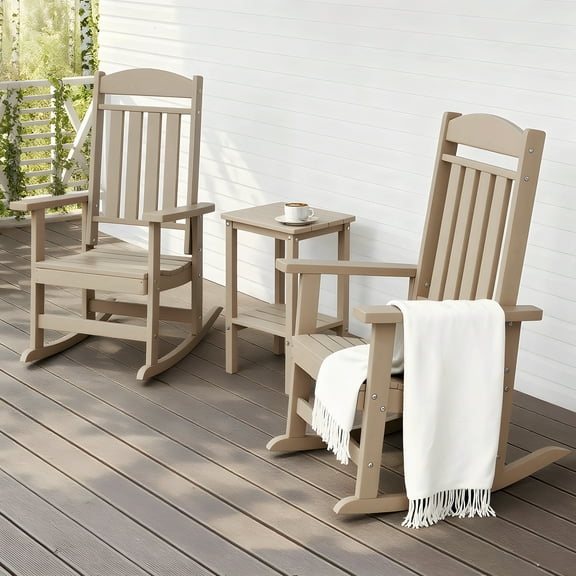 FOOWIN Outdoor Rocking Chairs Set with Side Table, HDPE Porch Rocker, Brown