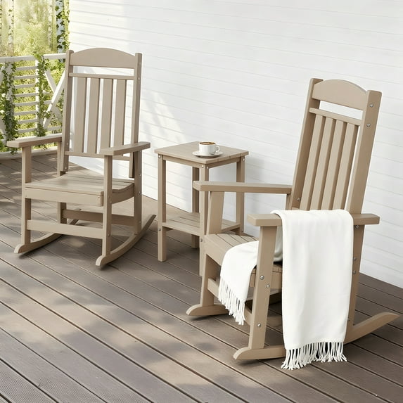 FOOWIN Outdoor Rocking Chairs Set with Side Table, HDPE Porch Rocker, Brown