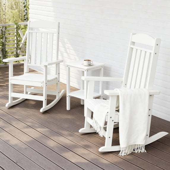 FOOWIN 3-Piece Outdoor Rocking Chairs Set with Side Table, HDPE Plastic Weather Resistant Porch Rocker, White