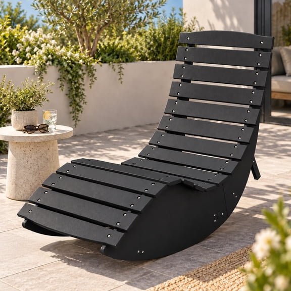 FOOWIN Outdoor Rocking Sunbed, HDPE Rocking Chaise Lounge Chair with Ergonomic Curved Design & High Back, Patio Lounger for Porch, Backyard, Garden & Poolside, Black