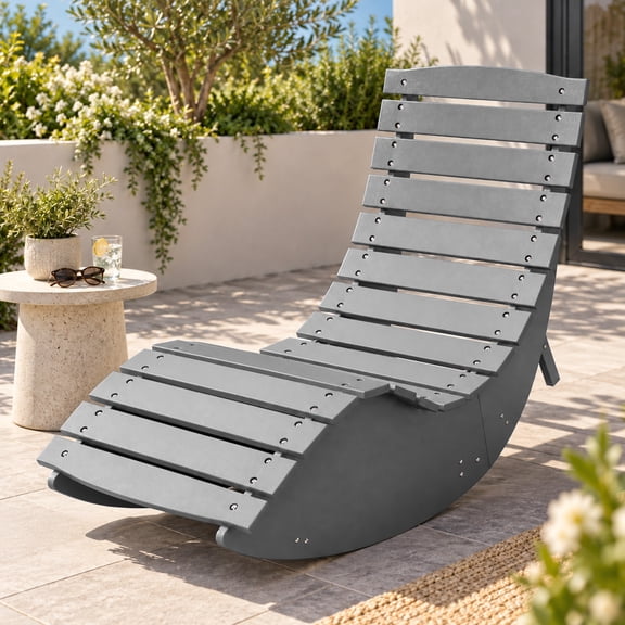 FOOWIN Outdoor Rocking Sunbed, HDPE Rocking Chaise Lounge Chair with Ergonomic Curved Design & High Back, Patio Lounger for Porch, Backyard, Garden & Poolside, Gray