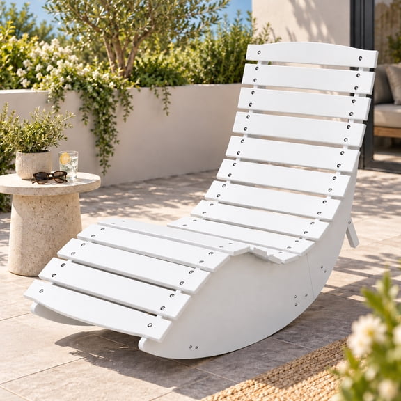 FOOWIN Outdoor Rocking Sunbed, HDPE Rocking Chaise Lounge Chair with Ergonomic Curved Design & High Back, Patio Lounger for Porch, Backyard, Garden & Poolside, White