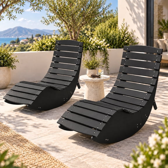 FOOWIN Outdoor Rocking Sunbed Set of 2, HDPE Rocking Chaise Lounge Chair with Ergonomic Curved Design & High Back, Patio Lounger for Porch, Backyard, Garden & Poolside, Black