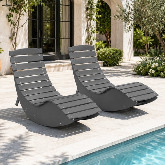 FOOWIN Outdoor Rocking Sunbed Set of 2, HDPE Rocking Chaise Lounge Chair with Ergonomic Curved Design & High Back, Patio Lounger for Porch, Backyard, Garden & Poolside, Gray