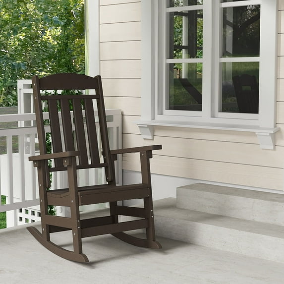 FOOWIN Patio Slat Rocking Chair, HDPE Plastic Weather Resistant Porch Rocker, Coffee