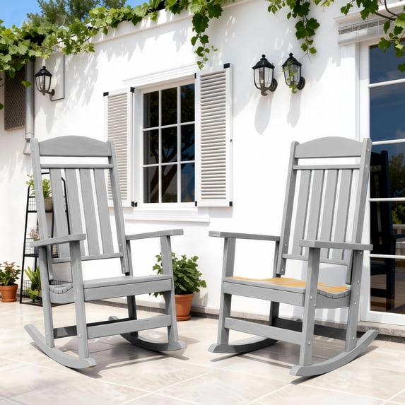 FOOWIN Patio Slat Rocking Chair Set of 2, HDPE Plastic Weather Resistant Porch Rocker, Light Gray
