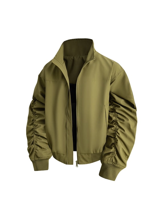 Bomber Jackets for Men Spring Fall Winter Wear Loose Jackets Casual Workwear Band Collar Coats for Work Out S