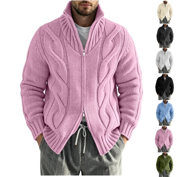 FOPSUFGWFO Cable Knit Cardigan for Men Solor Collar Loose Zipper Sweaters Long Sleeve V-Neck Tops for Fall Winter 2XL
