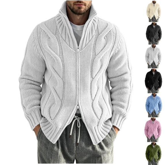 FOPSUFGWFO Cable Knit Cardigan for Men Solor Collar Loose Zipper Sweaters Long Sleeve V-Neck Tops for Fall Winter M