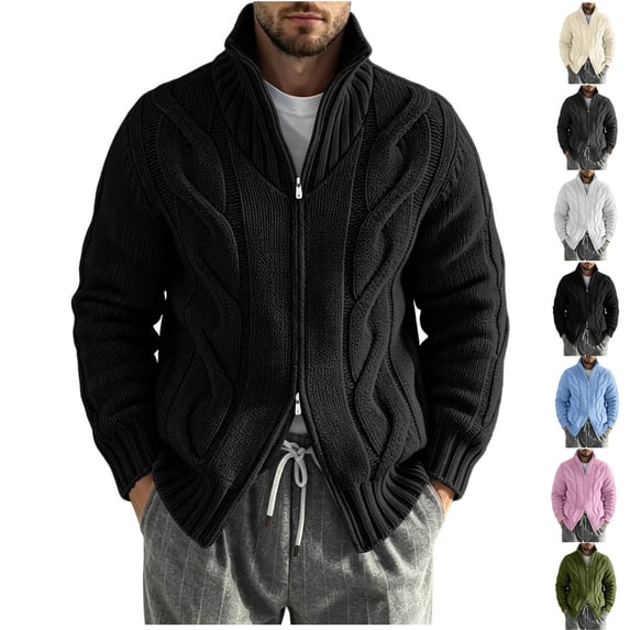 FOPSUFGWFO Cable Knit Cardigan for Men Solor Collar Loose Zipper Sweaters Long Sleeve V-Neck Tops for Fall Winter XL