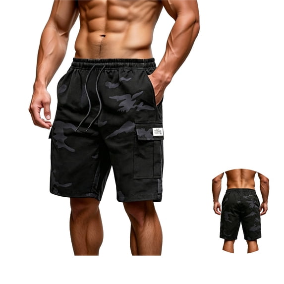 FOPSUFGWFO Men's Cargo Shorts Camo Elastic Mid Waist Drawstring Shorts Knee Length Daily Wear Outgoing Athletic Shorts With Pockets Black XL